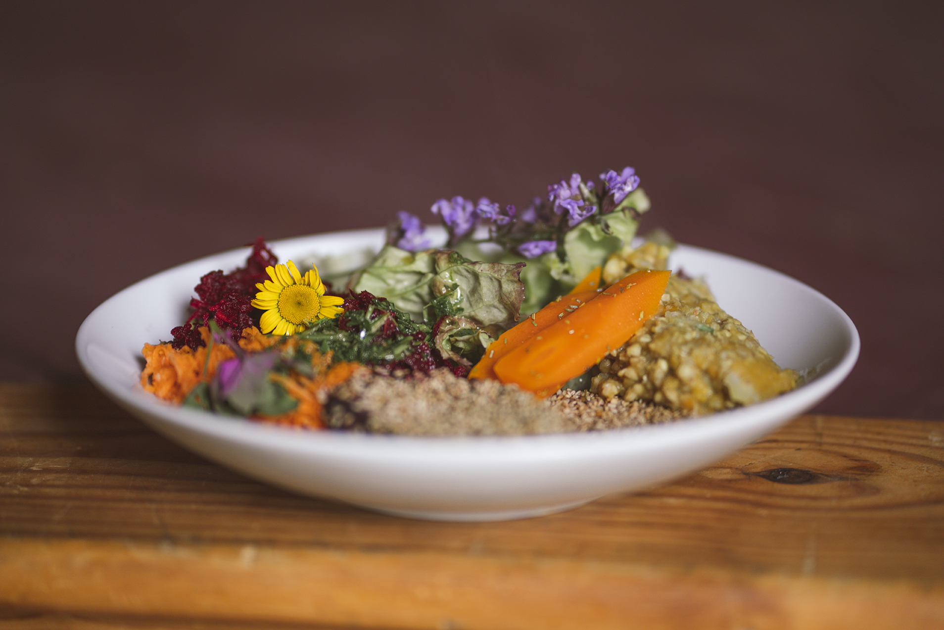 Stilvoll angerichtetes veganes Essen aus der CAIA academy Küche, dekoriert mit essbaren Blüten aus dem Permakultur-Park im Lebensgarten Steyerberg